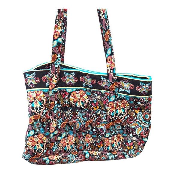 Floral Paisley Quilted Shoulder Bag Floral Print Brown Blue Overnight Tote Boho - Picture 1 of 11